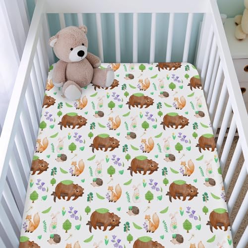 Image of Animals Trees Floral Spring Baby Crib Sheets for Boys Girls 52 inchx28 inch Cute Bear Bunny Hedgehog Fox Soft Breathable Unisex Baby Nursery Bed Sheets for Standard Crib and Toddler Mattresses