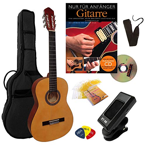 4/4 KONZERTGITARRE STARTER SET - KOMPLETTSET - STIMMGERÄT - LERNBUCH SCHULE - GITARRE NATUR - TASCHE - BAND - SAITEN - 3xPIK