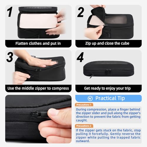 Image of BAGAIL 4 Set /6 Set /8 Set Compression Packing Cubes Travel Accessories Expandable Packing Organizers (Square Mesh, 05-Jet Black)