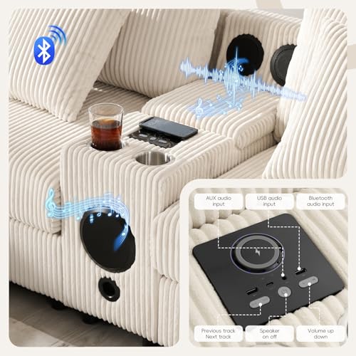 Image of Merax 6 Seater Corduroy Sectional Modular Couch Sofa w /Bluetooth Speakers, U Shaped Deep Seat Cloud Comfy Couches Sofa w /Console, USB Charger, Cup Holders, Storage, Ottoman Chaise for Living Room