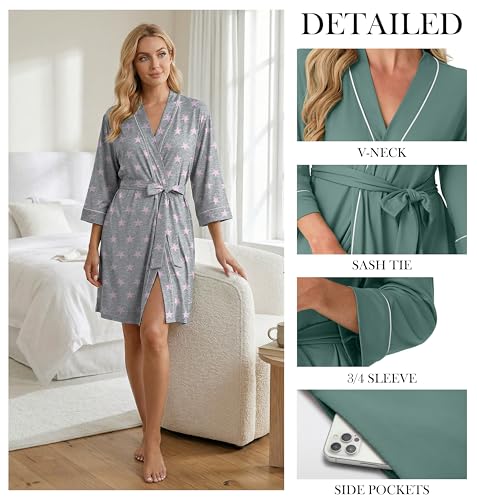 Image of PrinStory Womens Robe Knee Length Soft Knit Bathrobe S-2XL | V-Neck 3 /4 Sleeve Robes with Pockets, Lightweight, Breathable Bath Robe for Shower, Spa, Travel, Home, Party, Nursing