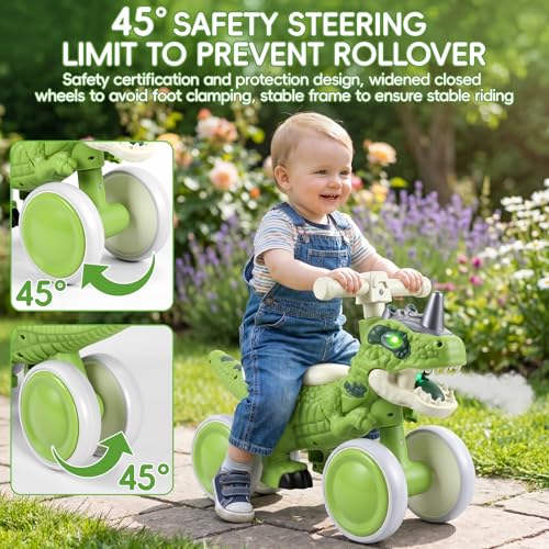 Image of Kids Tricycle, Dinosaur Toys Trike Bike with Safe Anti-Rollover Design, Music, Storage Basket, Big Wheels & LED Lights, Toddler Ride on Toys, Bicicletas para Ninos De 3 Anos a 6 (Green Small)