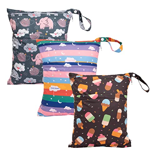 Image of babygoal Wet Dry Bags 3 Pack for Baby Cloth Diapers, Washable Travel Bags, Beach, Pool, Gym Bag for Swimsuits & Wet Clothes with Two Zippered Pockets 3LN27