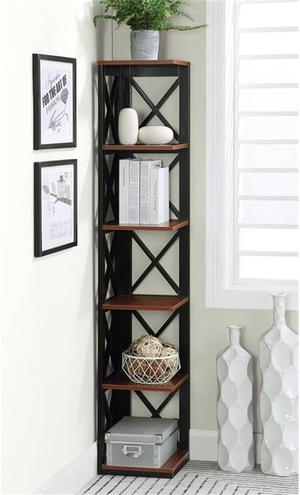 Pemberly Row Five-Tier Corner Bookcase in Cherry and Black Wood