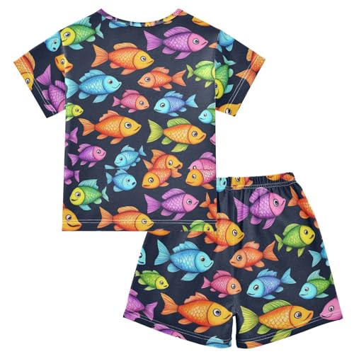 Pajama Short Sets Colorful Fish on Black Soft Cotton Summer Sleepwear 2 Piece PJS Size 5-14T2