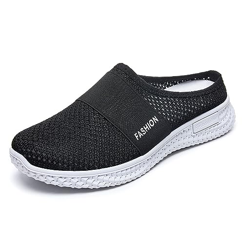 Women's Knitted Mesh Flat Mules,Fashion Backless Breathable Mesh Fabric Non-Slip Soft Soles Comfort Slip-on Outdoor Walking Sneakers Slippers3