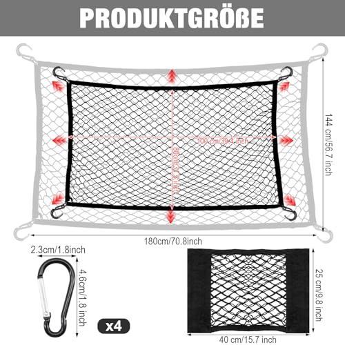 KASURE Gepäcknetz Auto, 80 X 100 cm Kofferraumnetz Mit 4 Karabinern, Kann Auf 144 X 180 cm Kofferraum Netz Erweitert Werden, Passend Für Die Meisten Kofferraumnetze Autos, Festes Gepäck