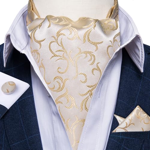 Image of DiBanGu 3PCS Ascot Ties for Men Wedding Jacquard Woven Silk Ascot Cravat for Men Cravat Tie and Pocket Square Set