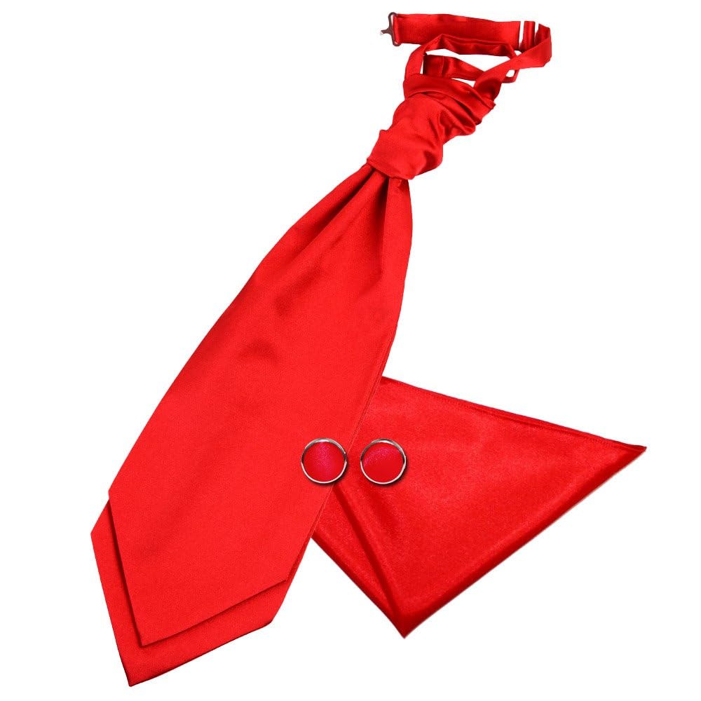 Dqt Men's Red - Pre-Tied Plain Satin Cravat Ascot Tie & Pocket Square Set With Cufflinks – Wedding Business & Formal - Red (Pre-Tied)