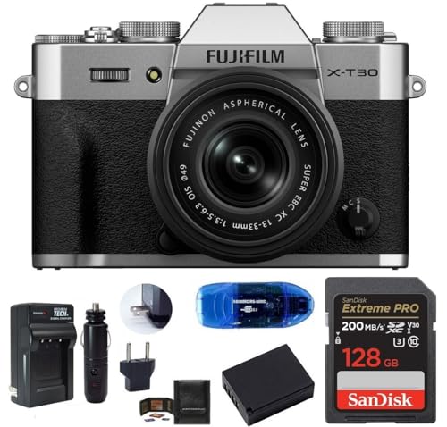 FUJIFILM X-T30 III Mirrorless Camera with XC 13-33mm Lens Bundle, Includes: SanDisk 128GB Extreme PRO Memory Card, Spare Battery and More (6 Items) (Silver)