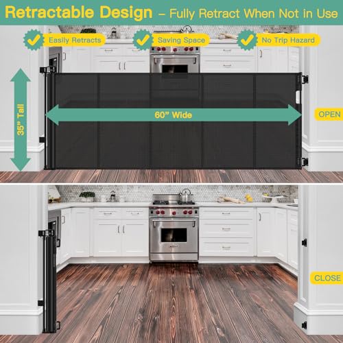 Reinforced 60″ Wide Retractable Baby Gates with Upgraded Rods – Bottom Anti-Escape, 5 ft Mesh Baby Gate Retractable Dog Gate Indoor Pet Gate Retractable Stair Gate Outdoor Retractable Gate, Black Reinforced 60″ Wide Retractable Baby Gates with Upgraded Rods – Bottom Anti-Escape, 5 ft Mesh Baby Gate Retractable Dog Gate Indoor Pet Gate Retractable Stair Gate Outdoor Retractable Gate, Black