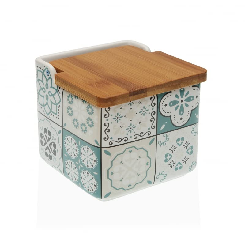 D,casa Salero de Cocina de Cerámica con Tapa de Madera Diseños Originales Mosaico Bicolor - Color Mint