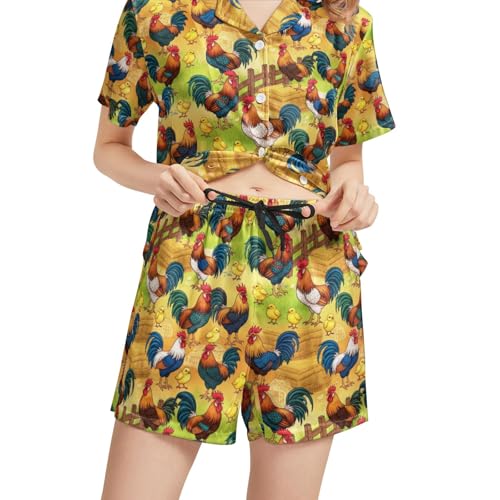 Image of Funny Pajamas for Women Set Print Satin Loungewear Pjs Short Sleeve Button Down Top and Shorts Sets Sleepwear XS-3XL