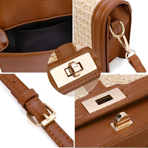 Image of FALETO Straw Crossbody Bags for Women Summer Leather Stitching Straw Flap Bag Handbag Shoulder Clutch Purse