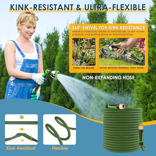 Non-Expandable Garden Hose 50 FT, Lightweight Hose with 10 Function Spray Nozzle, Kink-Free Flexible Water Hose, Durable, Leak-Proof, 360° Swivel Connectors, Portable Storage Strap - Image 3