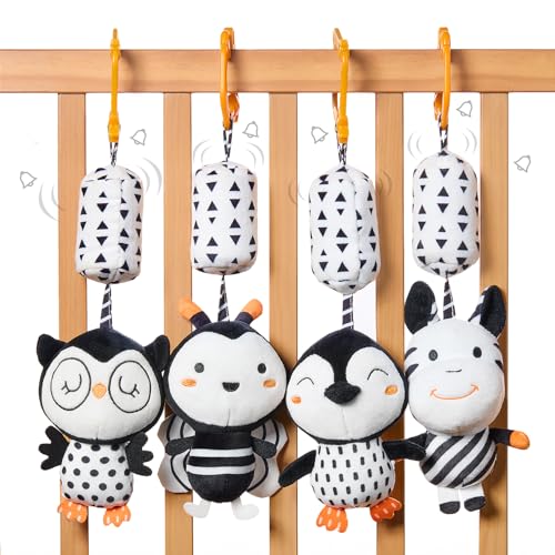 TUMAMA Jouet Poussette Bébé 0 3 6 9 12 Mois, Jouet Hochet À Suspendre pour Berceau Siège Auto - 4 Pièces Animaux Noir Blanc Hochet Cadeau Nouveau-Né...