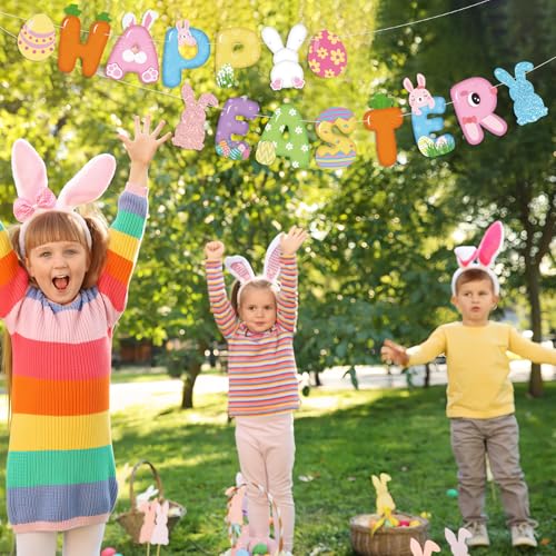 Image of Happy Easter Banner Bunny Party Decor Easter Garland with Eggs Chick Carrot Signs for Spring Party Classroom Home Wall Decor Birthday Baby Shower Party Decoration Supplies