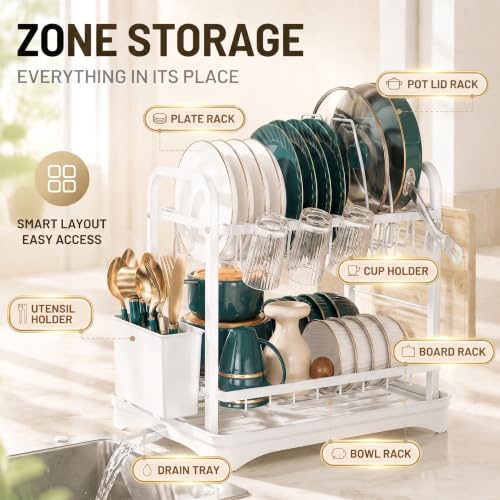 Image of COMFYHOME Dish Drying Rack, 2-Tier Wrought Iron Space-Saving Kitchen Dish Drainer with Cup Holder, Drainboard & Utensil Holders, Rustproof Counter Organizer for Pots, Plates, Cups, Utensils, Bartan