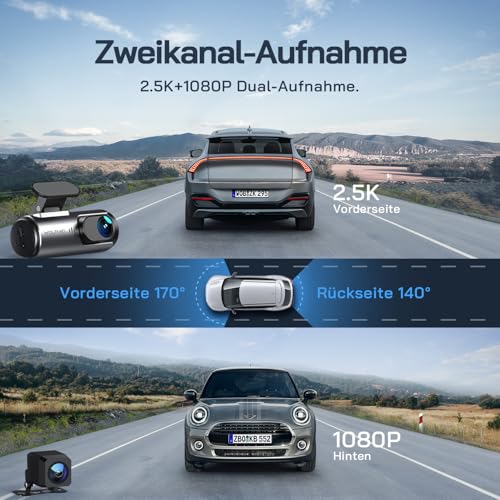 WOLFANG Dashcam Auto Vorne Hinten 4K WiFi Dash Cam mit 32GB SD Karte, Ultra Nachtsicht...