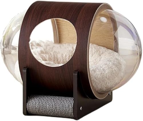 Rutexc 宇宙船型の猫用ベッド、ガラスパネル付き猫用ハンモック、爪支柱とクッション付きの透明な木製猫用ハウス、お手入れ簡単、小型犬に最適、四季を通じて使用可能、組み立て簡単