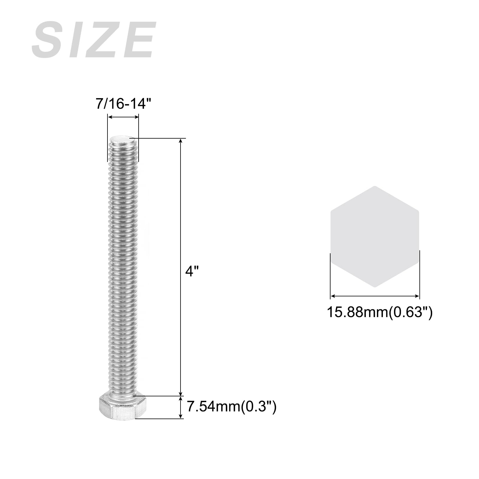 METALLIXITY Hex Head Screw Bolt (7/16-14x4") 10Pcs, 316 Stainless Steel, Fully Threaded, External Hex Drive, Bright Finish - Image 2