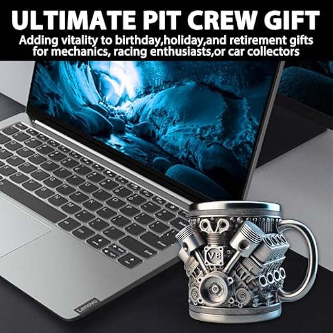 V8 3D Stainless Steel Cup, V8 Engine Coffee Mug with Heat-Insulated Handle, Personalized, Unique and Stylish, a Great Gift for Car Lovers