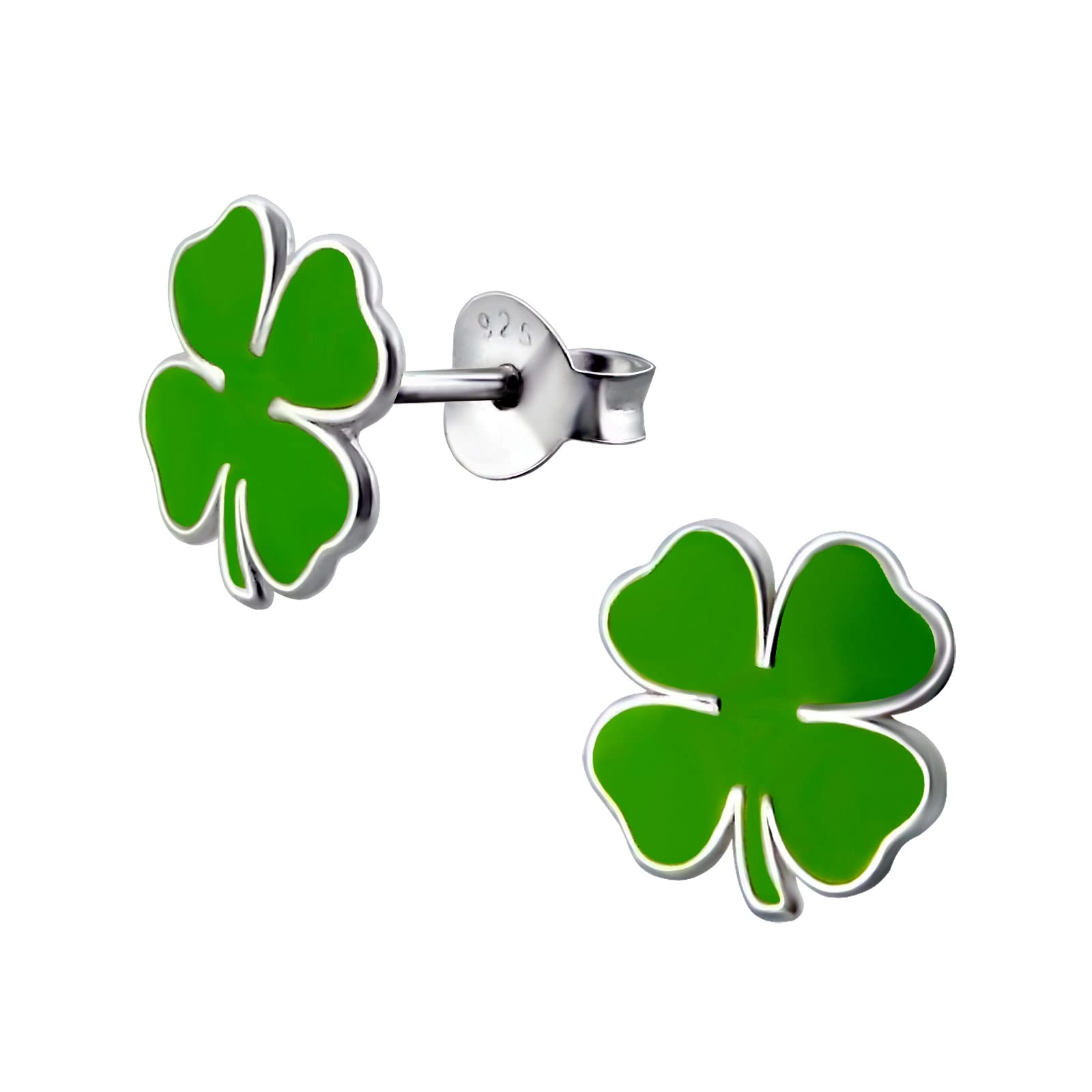 925 Sterling Silver Green Shamrock Four Leaf Clover Stud Earrings 4670, Sterling Silver