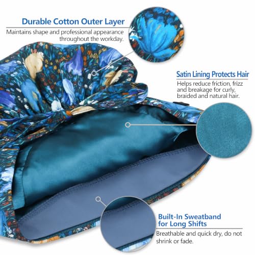 Image of Satin Lined Scrub Cap for Women, Bouffant Nurse Cap with Sweatband and Buttons, Adjustable Surgical Hat for Curly Hair, Braids, Long Hair and Buns, Midnight Tulip Garden