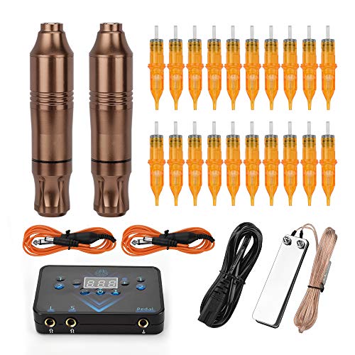 Rotary Pen Tattoo Machine Kit, ATOMUS Tattoo Machine Pen Kit with Digital Power Supply Foot Pedal 20pcs Mixed Cartridge Needles DC Clip Cord for Tattoo Lining Shading (Champagne)