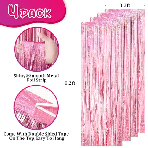 Image of Voircoloria 4 Pack 3.3x8.2 Feet Laser Pink Foil Fringe Backdrop Curtains, Tinsel Streamers Birthday Party Decorations, Fringe Backdrop for Graduation, Baby Shower, Gender Reveal, Disco Party