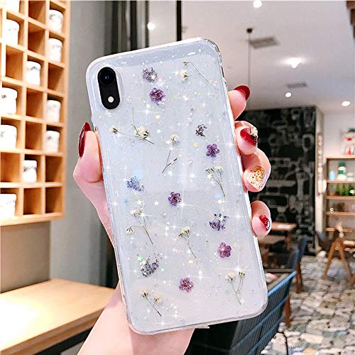 Bling Case for iPhone XR Flower Case,Girls Women Sparkly Shiny Glitter Bling Crystal Clear Soft Flexible Rubber Gel TPU Pressed Dry Real Flowers Case Floral Cover for iPhone XR Silicone Case,Purple