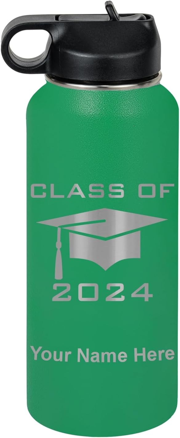 LaserGram Personalized Water Bottle, Grad Cap Class of 2023, 2024, 2025, 2026, 2027, Stainless Steel Double Wall Vacuum Insulated with Flip Top Straw, Custom Engraved Gift (32oz / 950ml Green)