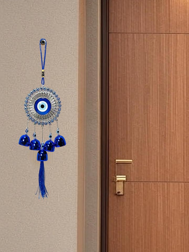 Image of Decorative Wind Chime for Home | Wooden House with Bells Colourful Beads | Positive Energy Balcony Living Room Hall Garden Home Decor (Evil Eye Hanging)