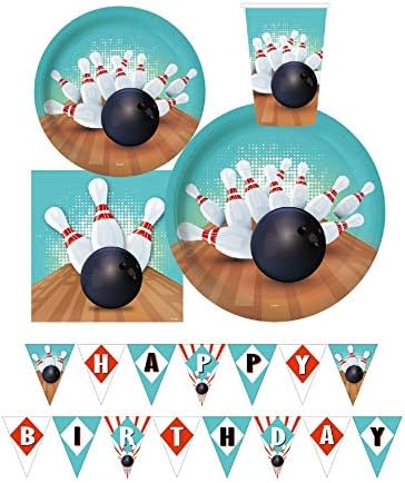 Serves 30 Guest Complete Party Pack Bowling Theme Party Supplies 9" Dinner Paper Plates 7" Dessert Paper Plates 12 oz Cups 3 Ply Napkins Include 1 Pre Strung Happy Birthday Pennant Banner