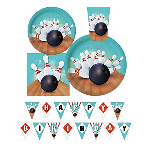 Serves 30 Guest Complete Party Pack Bowling Theme Party Supplies 9" Dinner Paper Plates 7" Dessert Paper Plates 12 Oz Cups 3 Ply Napkins Include 1 Pre Strung Happy Birthday Pennant Banner #TOP3