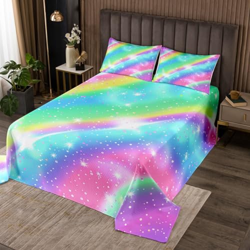Erosebridal Rainbow Decor for Girls Bedroom,Rainbow Bedspread King Colorful Kawaii Quilted for Toddler Girly,Rainbow Coverlet Set Starry Sky Glitter Stars Quilt Set Rainbow Room Decor