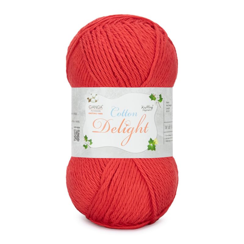 Image of Ganga Acrowools Cotton Delight, Dk Weight Cotton Yarn, Oekotex Class L Certified 100G, 169M, Pack of 1 Ball - 100gm Each, Shade No. - COD100 Cherry Red