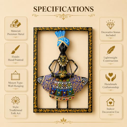 Image of iHandikart Metal Wall Art for Home Decor | Rajasthani Folk Musician Wall Sculpture with Stone Work | Hand-Painted Iron Wall Hanging for Living Room, Bedroom, Hallway, Office | 11.5 x 8 Inch