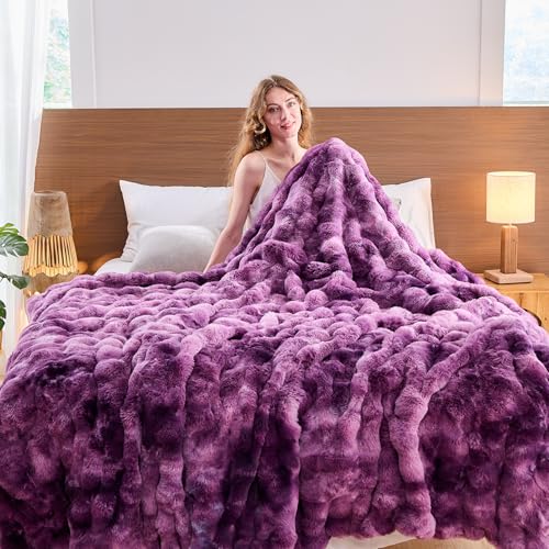 Lotus Karen Faux Fur Throw Blanket Tie-dye Violet - Big Bubble Rabbit Fluff Blanket for Couch Bed Sofa,Softest Fluffy Fuzzy Cozy Blanket,Thick Furry Plush Shaggy Warm Blankets for Women,60x80 Inches