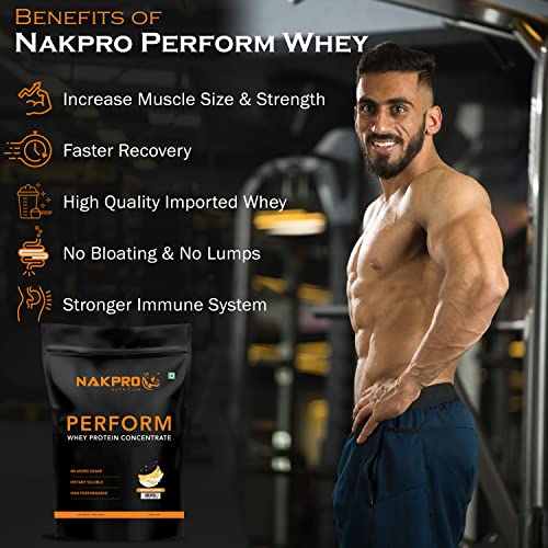 Image of NAKPRO PERFORM Whey Protein Concentrate | 23.1g Protein, 5.7g BCAA | Added Digestive Enzymes | Easy Mixing, Easy Digesting, Fast Absorbing Whey Protein Powder for Men & Women | 1 Kg Banana Flavour (30 Servings)