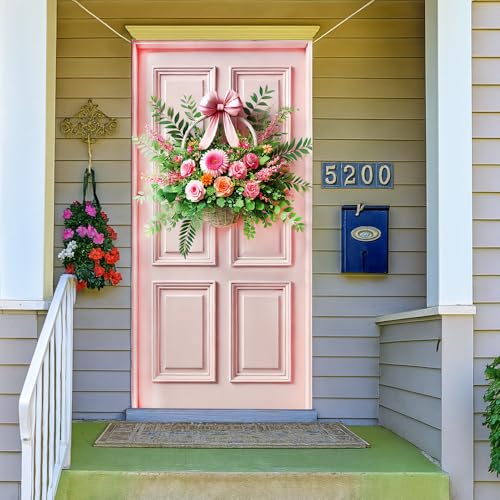 Image of Pink Rose Basket Door Cover 35x71in Spring Floral Bow