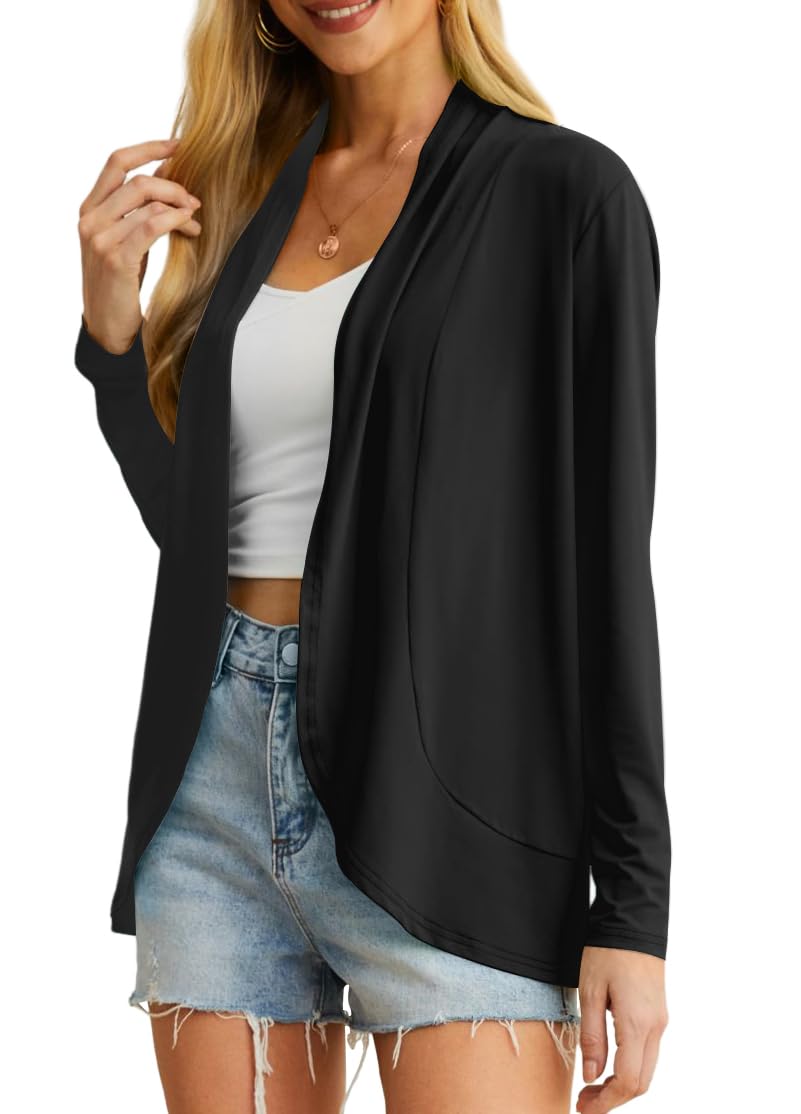 Qixing Women's Casual Lightweight Cardigan with Pocketes Long Sleeve Soft Draped Ruffles Open Front Cardigan