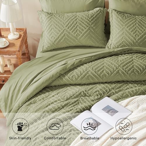Image of Zzlpp King Comforter Set 7 Pieces, Army Green Tufted Bed in a Bag with Comforter and 2 Sheets, All Season Boho Bedding Sets with 1 Comforter, 2 Pillow Shams, 2 Pillowcases