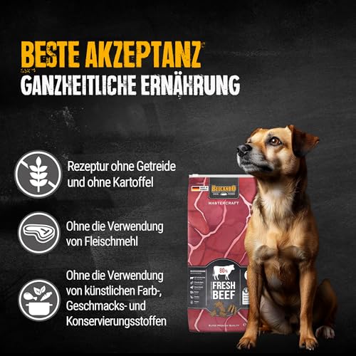 BELCANDO MASTERCRAFT Hundefutter trocken Fresh Beef, 10kg, Trockenfutter für Hunde mit Rind, 80% Frischfleisch, getreidefrei, für alle Rassen, Made in Germany