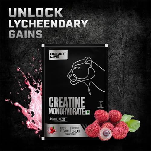 Image of BEASTLIFE Super Micronized Creatine Monohydrate Powder 50g Refill Pack | 13 Servings Litchi Flavor | NABL Lab Tested | Premium Sports Nutrition for Strength & Performance