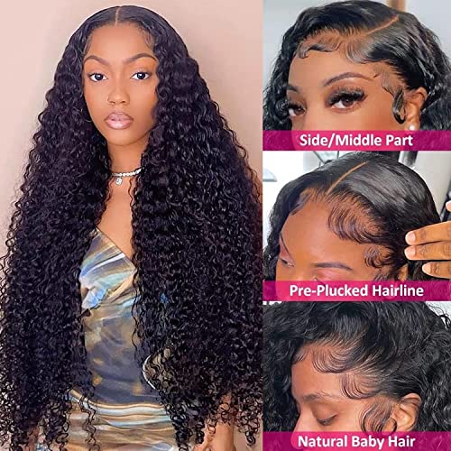 Image of tobasew Deep Wave Lace Front Wigs Human Hair 13x4 HD Transparent Lace Frontal Human Hair Wigs for Women Glueless Brazilian Virgin Hair Pre Plucked Natural Black Color 26inch