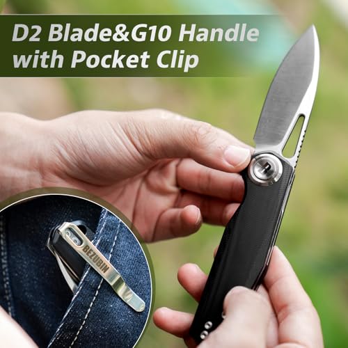 Image of Pocket Folding Knife,3.15 inch D2 Steel Blade,Black G10 Handle,Push Button Lever Lock,Pocket Knife with Pocket Clip for Outdoor,Survival,EDC