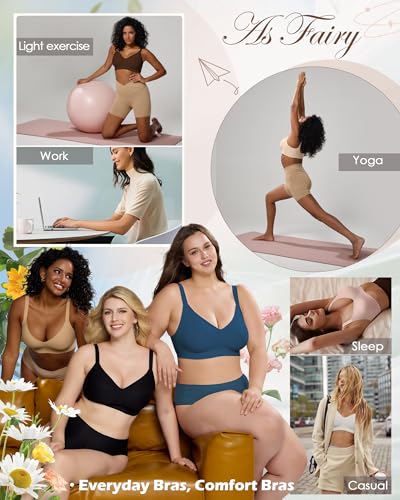 Image of As Fairy Womens Soft Comfortable No Underwire Bras V Neck Seamless Push Up Bralettes Full Coverage Tshirt Brassiere