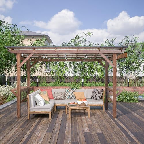 KEIKI 13' x 6.5' Wooden Grill Gazebo Metal Roof, Bulbs,