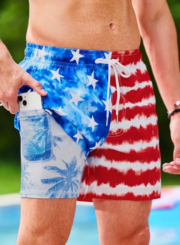 Image of Men's 5'' Swim Trunks with Compression Liner Graphic Beach Dry Fit Lightweight Bathing Shorts (S-XXL)